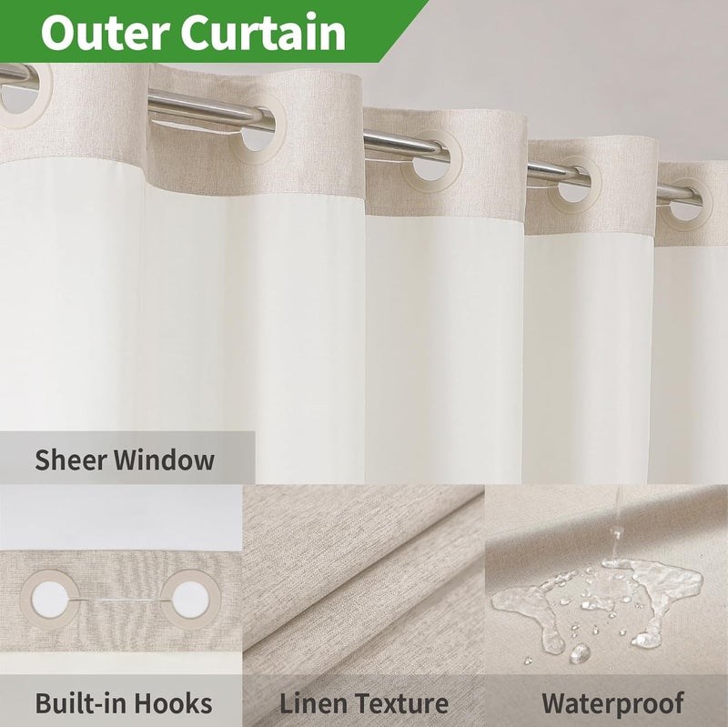 eachope Stall No Hooks Needed Linen Textured Shower Curtain with Snap-in Fabric Liner Set,Hotel Luxury Decor Shower Curtains for Bathroom,Waterproof & Washable,60Wx74H,Cream - Image 4